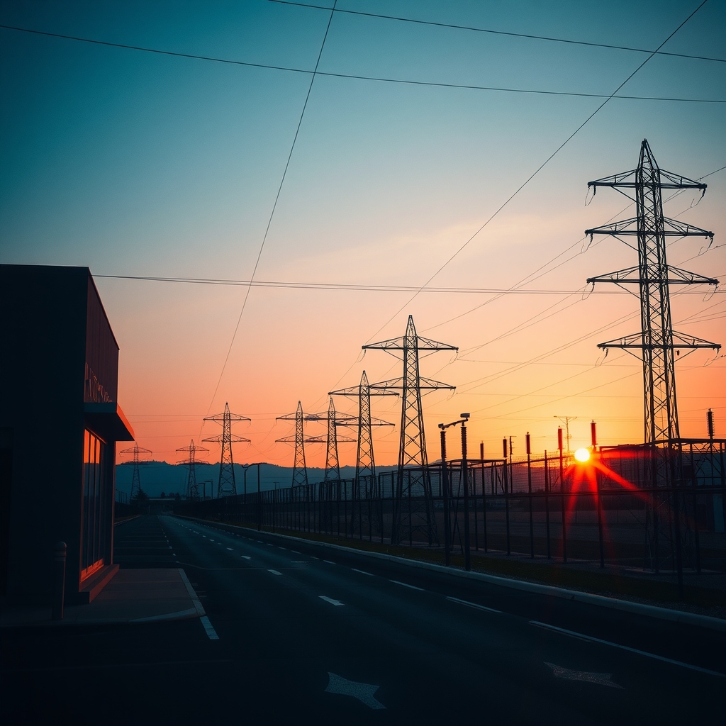 High-voltage transmission lines and substation infrastructure at sunset